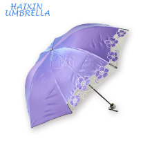 Color sólido agradable que mira 3 paraguas ULTRAVIOLETA del sol mini del bordado de la flor del sol para la lluvia y el sol
